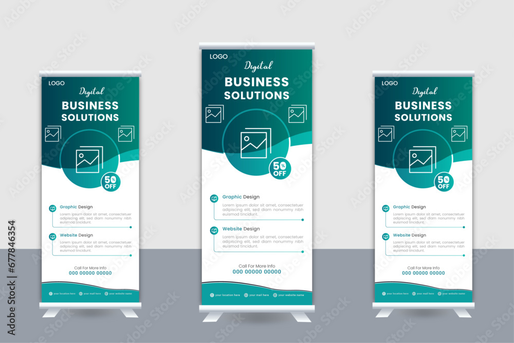 Corporate rollup banner template, roll-up banner stand template design, advertisement, pull-up, Vertical roll-up template billboard, banner and display banner, Poster for conference, forum, shop - obrazy, fototapety, plakaty 