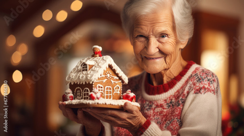 A joyful elderly woman with white hair  smiling as she holds a decorated gingerbread house  with a warmly lit Christmas tree and festive lights in the background.