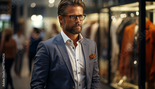 Confident businessman in suit, standing in modern office generated by AI