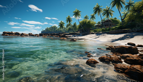 Tropical palm trees sway, waves crash, paradise awaits generated by AI © Jemastock