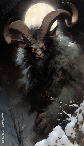 Krampus in the snow at night