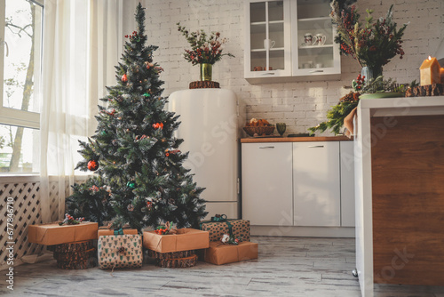 Interior of kitchen with glowing Christmas trees