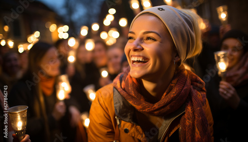 Young adults enjoying Christmas lights in the night generated by AI