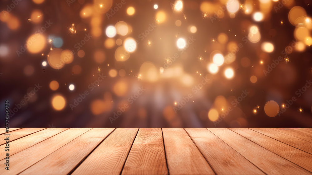 Empty wooden table on a blurred background with lights. A place to place your product. Festive background in warm colors