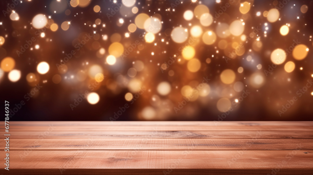 Empty wooden table on a blurred background with lights. A place to place your product. Festive background in warm colors