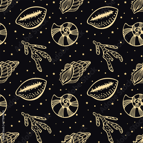 Seamless pattern of golden sea shells and corals on a black background with stars. Mystical background, textile, vector
