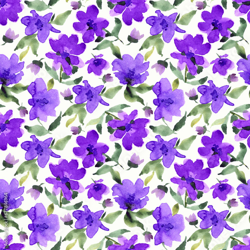 Watercolor pattern with purple flowers in a beautiful style on a white background.