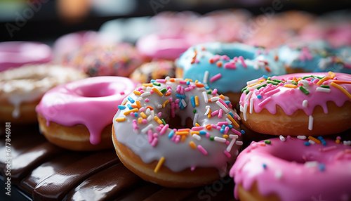 Multi colored donut with chocolate icing and strawberry generated by AI