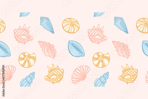 Seamless pattern of sea shells in pastel colors on a pale pink background. Seamless border. Vector