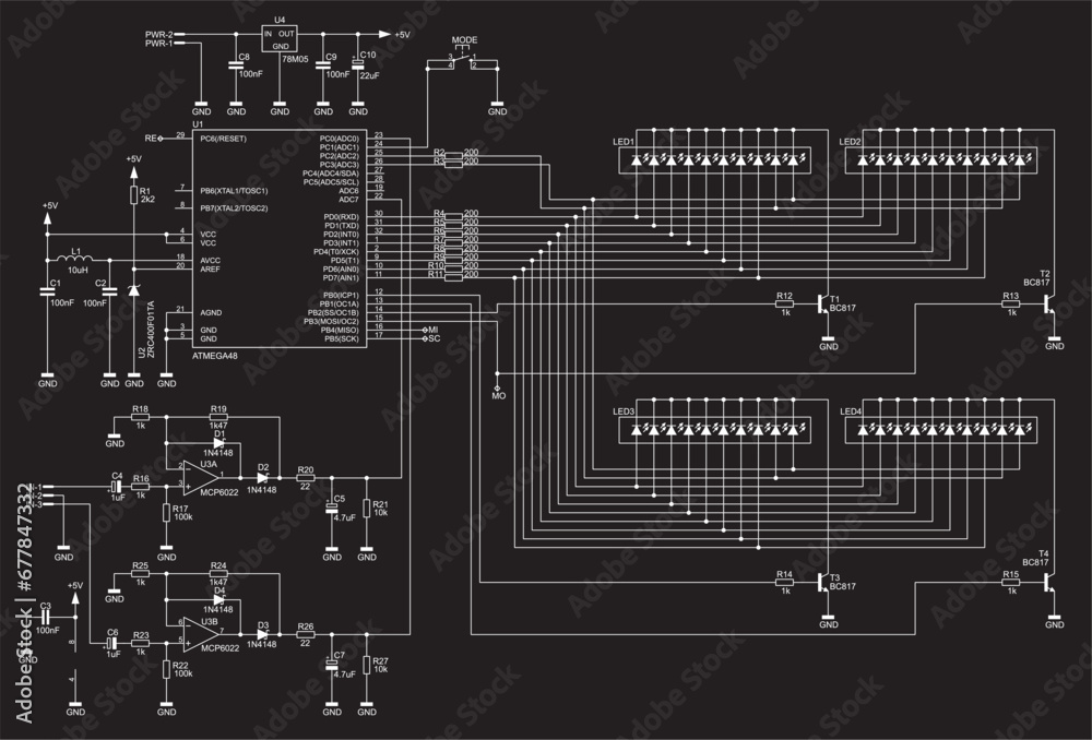 Schematic diagram of electronic device. 
Vector drawing electrical circuit with 
microcontroller, operational amplifier, 
diode, resistor, capacitor, led and other components.