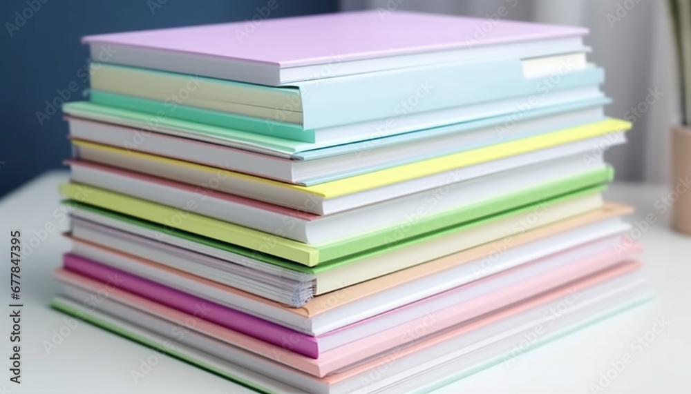 Large collection of multi colored textbooks, a heap of learning wisdom generated by AI