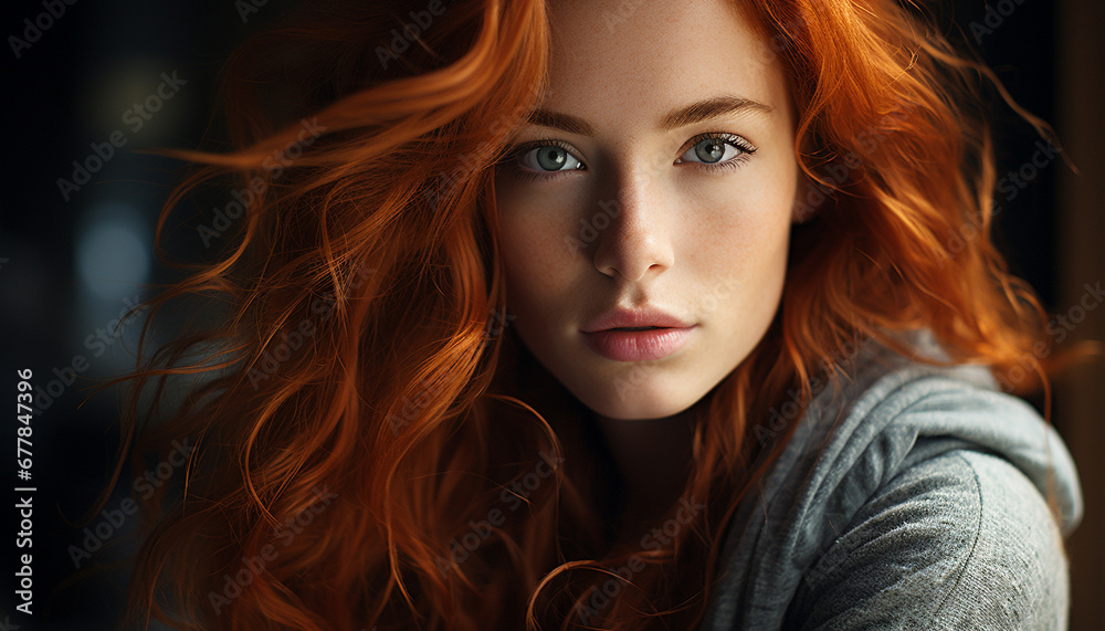Young woman with curly red hair looking at camera generated by AI