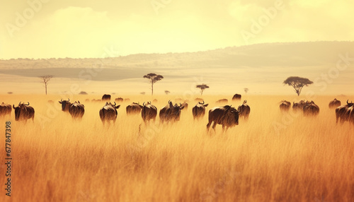 Sunset silhouette of large herd grazing in African savannah meadow generated by AI