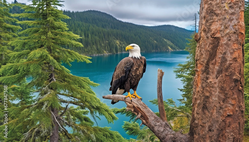 Bald eagle perching on branch, focus on foreground beauty generated by AI photo