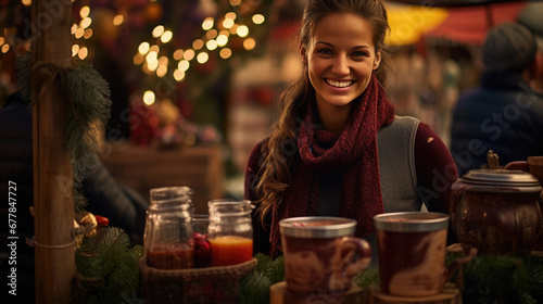 A smiling woman at an outdoor Christmas fair stand at night, surrounded by warm bokeh lighting photo
