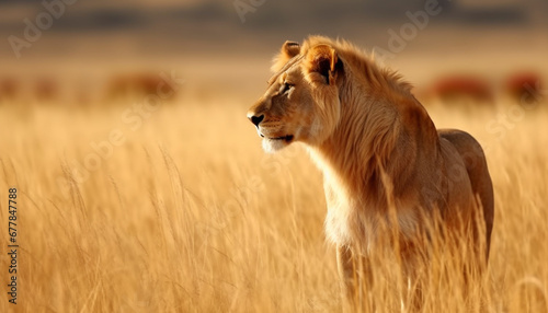 Lioness walking in the savannah, majestic beauty in nature generated by AI