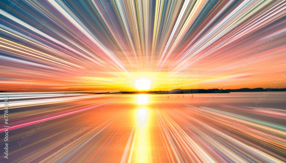 Obraz premium Speeding car blurs into vibrant sunset, futuristic transportation illuminated generated by AI