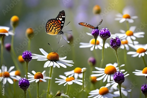 Capture the captivating beauty of chamomile, purple wild peas, and a delicate butterfly in an image, presenting a serene and picturesque wildflower scene,. © Haseeb