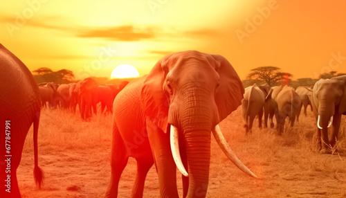 Elephant herd grazing on savannah at sunset in Africa generated by AI