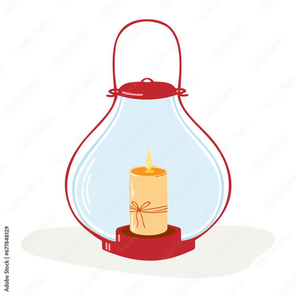 Obraz premium Clipart with Christmas lantern and candle on isolated red background. Holiday design for Christmas home decor, holiday greetings, Christmas and New Year celebration. 