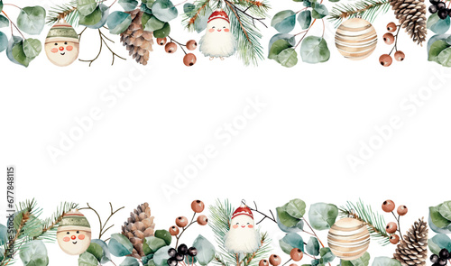 Watercolor vector spruce, fir, cedar branches, eucalyptus, pine cones, winter berries and christmas toys horizontal frame, banner. Hand drawn.Template space for text, message, sign for greeting cards.