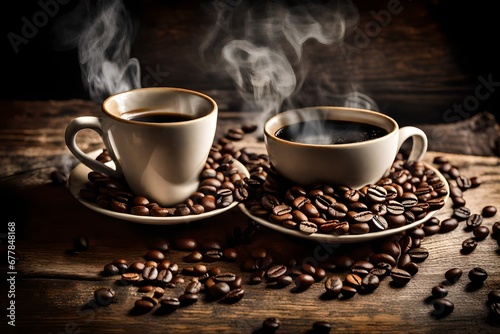 Capture the cozy charm of a cup of coffee on aged wooden surfaces in an image, complemented by rising smoke and scattered coffee beans, evoking a rustic and inviting atmosphere,.
