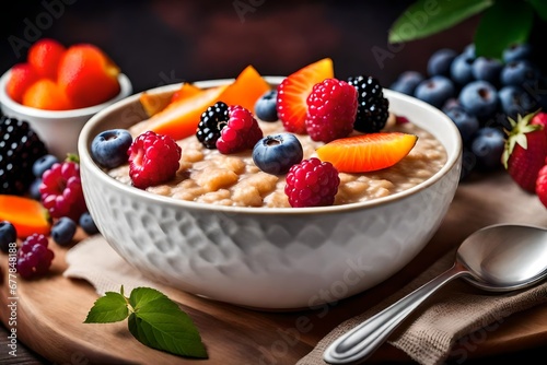 Illustrate a visually appealing and healthy breakfast choice in an photograph, featuring a bowl of oatmeal porridge topped with assorted fresh and colorful berry fruits,.