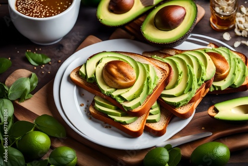 Illustrate a delectable and healthy breakfast option in an photograph, featuring a toast adorned with perfectly sliced avocado, presenting a vibrant and appetizing composition,.