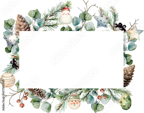 Watercolor vector winter horizontal frame with borders made spruce, fir, cedar branches, eucalyptus, pine cones, winter berries, christmas toys. Banner. Hand drawn.Template space for text, message.