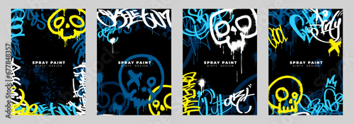 Spray paint graffiti poster on black background. Skull, street art tags drawn yellow, blue and white paints with grunge splash on wall. Abstract urban design with hip hop elements. Vector illustration