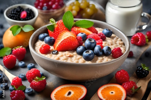 Capture the delightful aesthetics of a nutritious breakfast with an image showcasing a bowl of oatmeal porridge adorned with a variety of fresh and vibrant berry fruits .