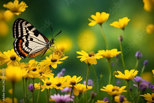Capture the tender presence of a fragile butterfly surrounded by vibrant yellow flowers in an image, presenting a creatively composed and visually enchanting summer garden setting,.