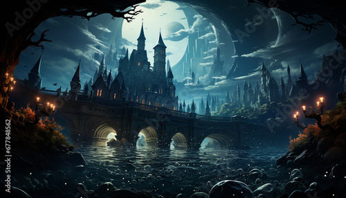 Spooky gothic silhouette, illuminated by moonlight, in a dark cityscape generated by AI