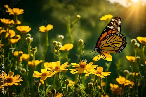 A detailed image highlighting the fragile nature of a butterfly amidst a landscape filled with sunny yellow flowers, depicting a creatively composed and serene summer garden scene,.