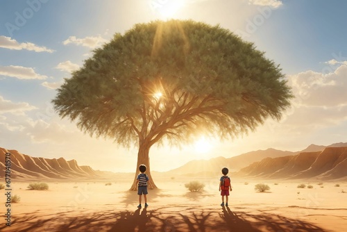 Boy and girl standing under a tree in the desert. 3D Rendering, boy, girl, desert, tree, 3d rendering, children, kids, landscape, arid, wilderness, nature, outdoors, standing, adventure, exploration