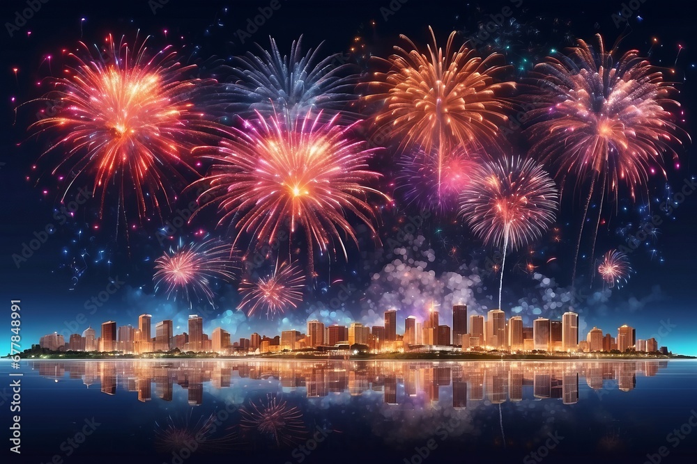 Fireworks over night city sky, holiday background