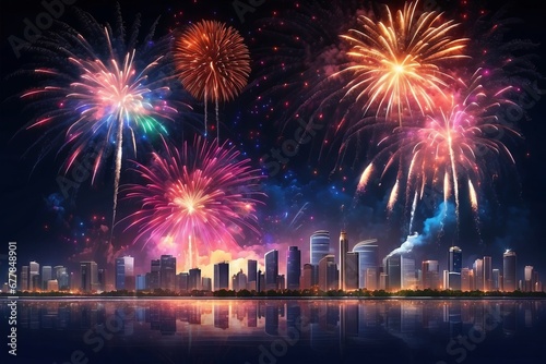 Fireworks over night city sky, holiday background