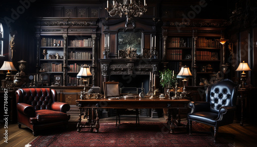 Comfortable modern living room with bookshelf, table, and elegant decor generated by AI