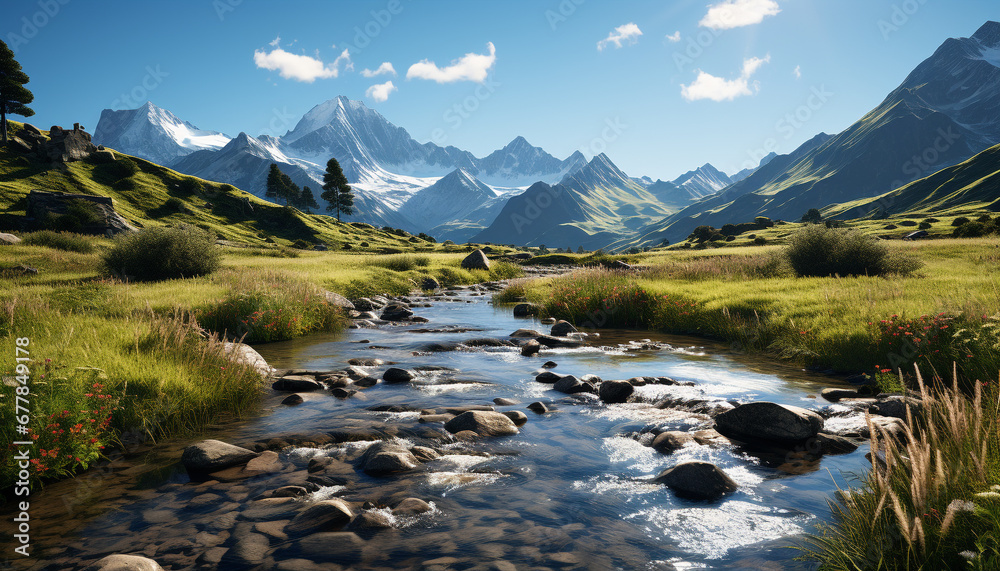 Majestic mountain peak reflects in tranquil flowing water generated by AI