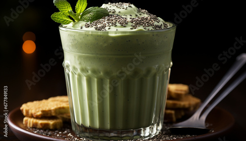 Refreshing milkshake with chocolate and mint leaf generated by AI
