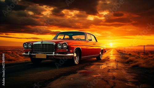 Vintage car driving on an old road, sunset golden reflection generated by AI © Stockgiu