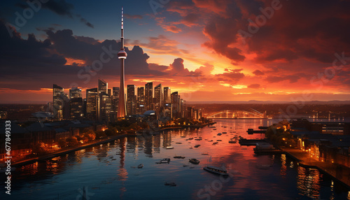 Dusk settles, cityscape glows, reflecting sunset on urban skyline generated by AI
