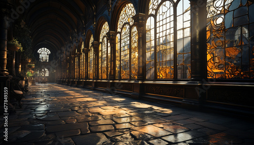 Ancient Gothic cathedral, illuminated at night, showcasing rich architectural history generated by AI