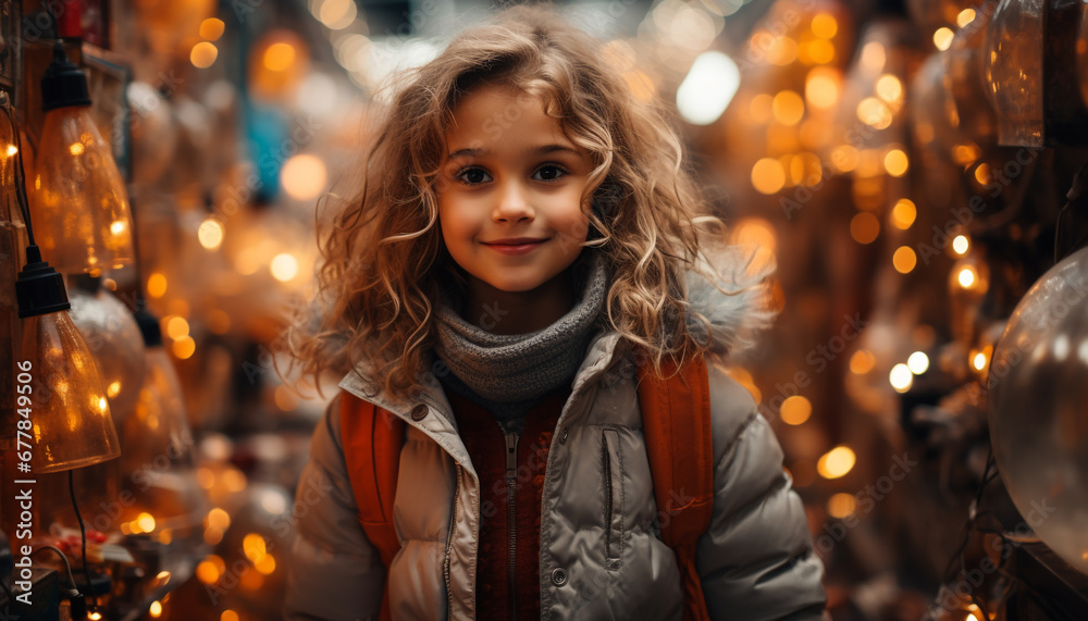 Smiling girl enjoys Christmas lights in winter generated by AI