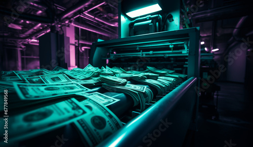 Factory of Printing Money. Dollars Of USA Bills On A Print Press Machine In Typography In Neon Green Light. Finance, Stock Market ,Tax Or Investment. Hyperinflation Or Crysis. Ai Generated photo