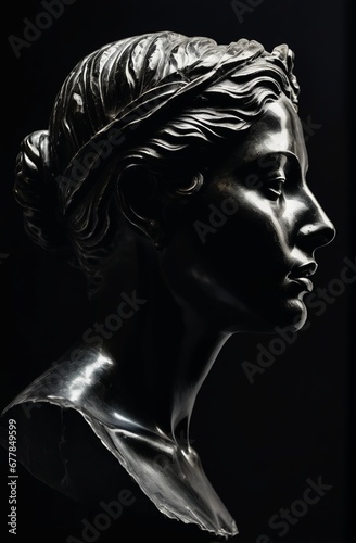 generative ai, Antique bust of a girl made of black stone on a dark background. A beautiful face in profile, a work of art. Portrait.
