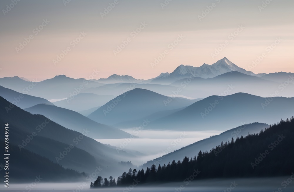 generative ai, Beautiful mountain gradient landscape in the morning light. Misty panorama of mountains and coniferous forest. Template for banner, website, design