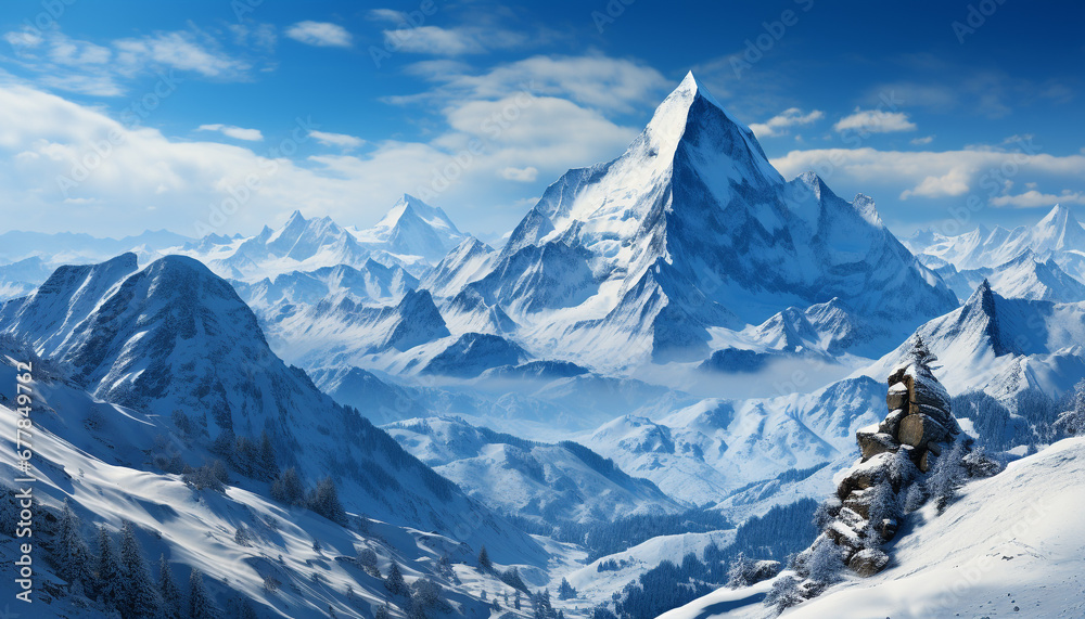 Snow capped mountains create a tranquil, majestic winter landscape generated by AI