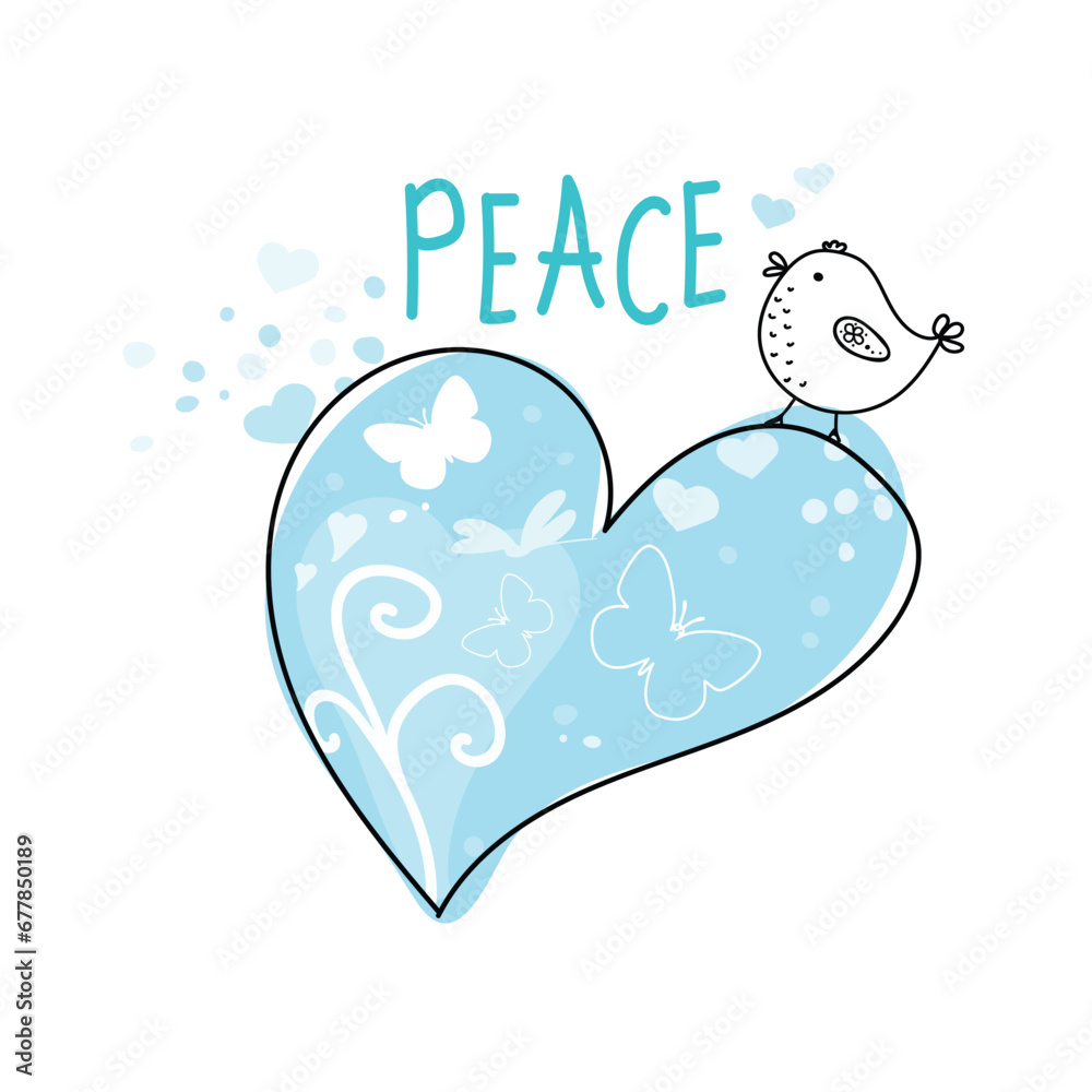 International Day of Peace. Bird, globe, flowers, heart continuous drawing. Concept of love, peace and kindness. Text. Vector web banner