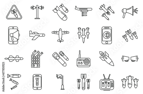 Air Raid icons set outline vector. Bomb war. Aggression attack hit